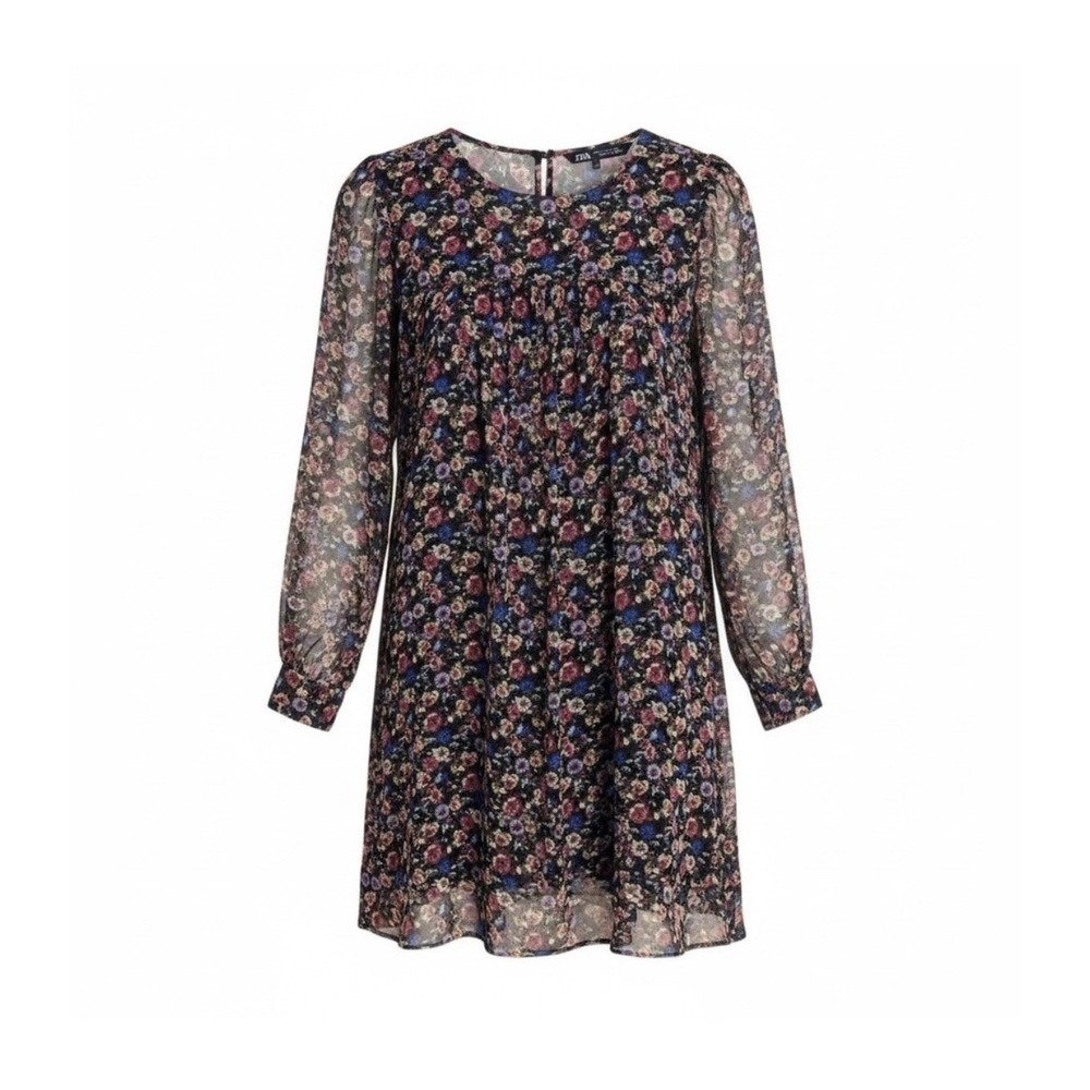 Zara Dress Women Medium Black Floral Chiffon Babydoll Long Sleeve Mini Pleated
